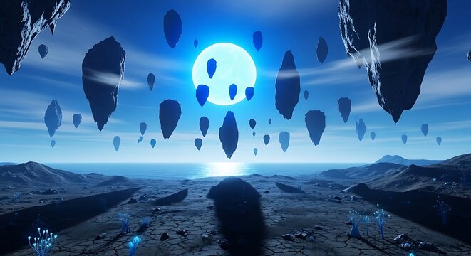 Surreal Floating Islands Landscape with Glowing Orb and Distant Mountains.