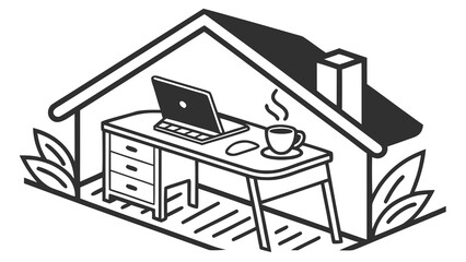 Illustration of a home office setup with a laptop desk coffee and plant in a house outline design