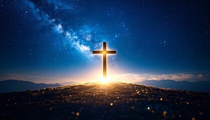 Dramatic Cross Silhouette Against a Starry Night Sky at Sunrise