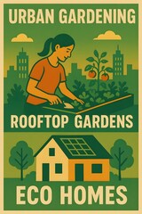 urban gardening and rooftop eco home sustainability poster