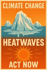 climate change awareness poster with melting ice and heatwave