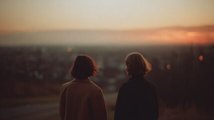 Sunset reflection of two friends in a scenic viewpoint nature landscape emotional connection