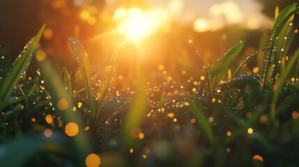 Dew drops on grass sunrise