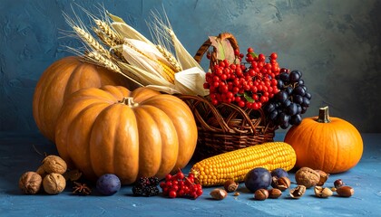 Autumn Harvest Still Life with Pumpkins and Berries.