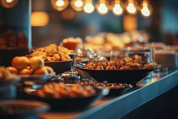 Exquisite catering buffet spread with diverse food selections under warm and inviting ambient lighting.