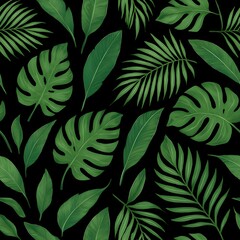 Dark tropical leaves seamless vector pattern on black background 