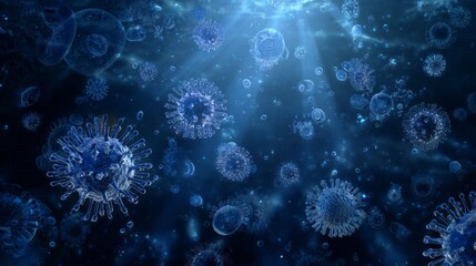 Microscopic view of blue viruses and cells illuminated by light rays.