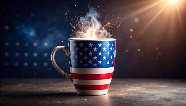 Patriotic coffee cup with steam rising and sparkling accents in a dark setting