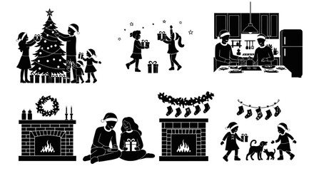 This festive vector illustration set showcases charming black silhouettes of families enjoying quintessential Christmas holiday traditions and cozy domestic celebrations.