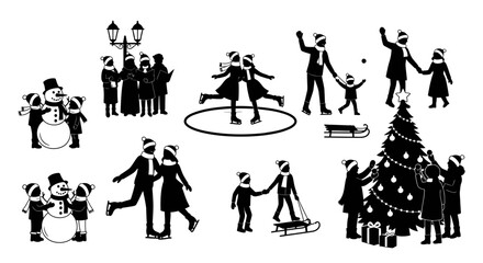 A charming collection of black silhouette illustrations depicting joyful families and couples celebrating various beloved winter and Christmas holiday activities.