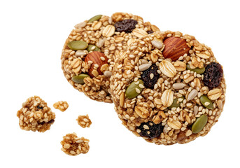 Two rustic, golden-brown granola cookies or energy bites, along with a few loose crumbs, isolated on a white background