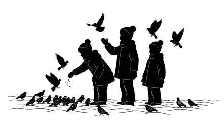 A heartwarming silhouette illustrates children in warm winter clothing happily feeding pigeons on snowy ground, embodying the kind and joyful Christmas spirit.