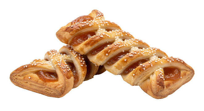 A low-angle, close-up shot of two golden-brown puff pastry twists, filled with jam, casually arranged on a clean white background - Powered by Adobe