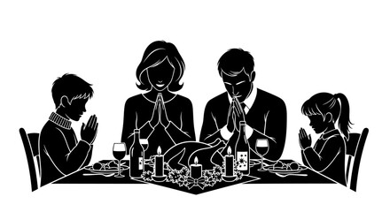 A silhouetted family gathers around a festive dinner table, bowing their heads in prayer before enjoying a traditional holiday meal together.