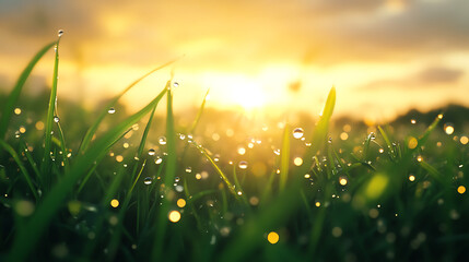 Dewy grass blades sunrise