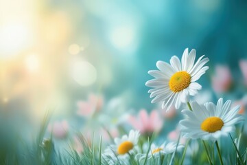 Dreamy Daisy Meadow: A Serene Floral Landscape with Soft Hues and Gentle Light Effects, Inviting Tranquility