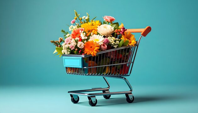 Shopping cart overflowing with fresh vibrant flowers on pastel backdrop