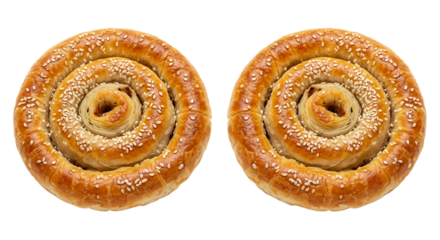 Two baked cinnamon rolls with sesame buns, white background isolated