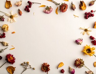 Floral frame with dried flowers and berries on white background.