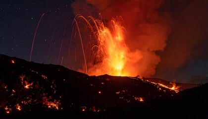Dramatic volcanic eruption at night with fiery lava spewing against a starry sky, showcasing the raw power of nature and geological phenomenon in a stunning, unforgettable display