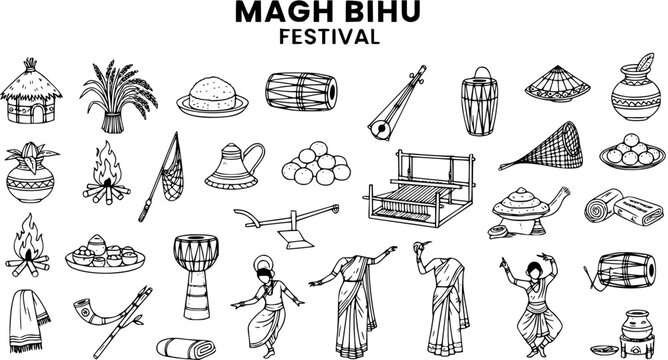 Magh Bihu Festival Line Art: Traditional Assamese Culture Icons