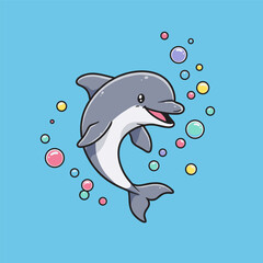 A cute cartoon dolphin swimming underwater surrounded by colorful bubbles on a blue background.