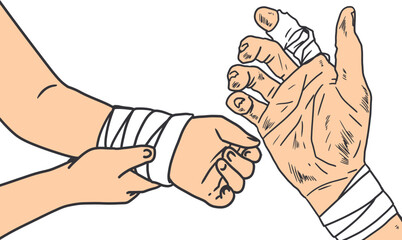 Old Injured Hand and Helping Hand Bandage Vector. Vector illustration of injured human hands with bandages. Perfect for first aid, healthcare, medical care, or safety concepts