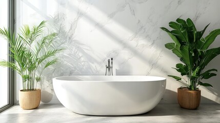 Modern bathroom interior with plants, sunlit marble. Use Stock photo for interior design or home decor