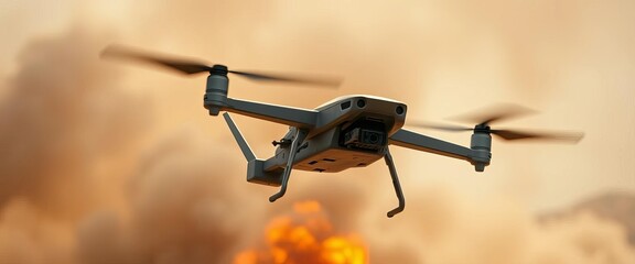 Blurred motion of military drone strike, smoke and destruction, smoke, unmanned