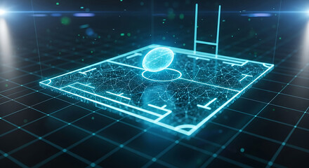 Neon blue digital rugby field with glowing ball and stadium lights sport technology