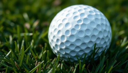 Close-up of a dimpled golf ball on green grass,  object,  recreation