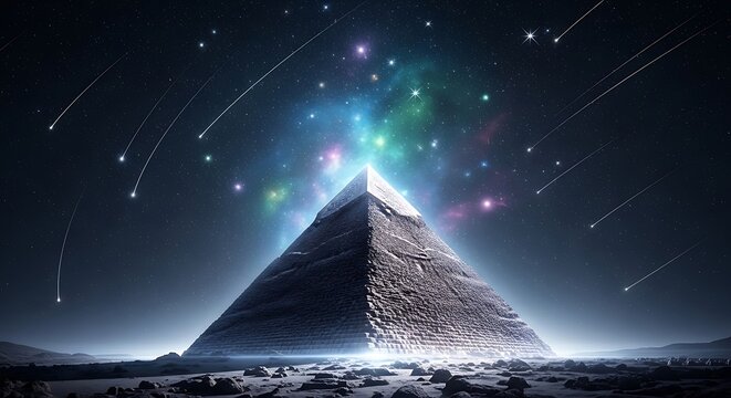 Mystical Pyramid Under a Starry Night Sky with Meteor Shower.
