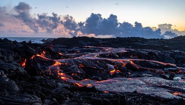 Dramatic lava flow at sunset in Hawaii Volcanoes National Park, a stunning display of nature's power and earth's raw energy for travel, science, and environmental projects