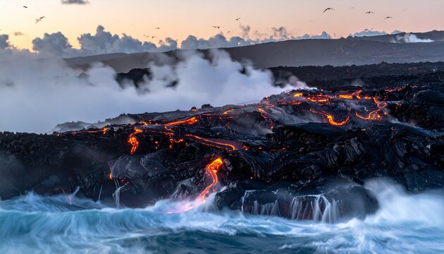 Witness the raw power of nature as fiery lava flows into the ocean, creating a mesmerizing display of earth's energy and the dynamic interplay between fire, water, and the dawn sky
