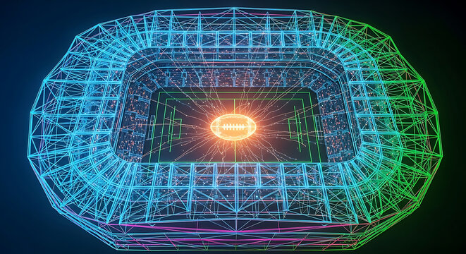 Neon wireframe stadium with glowing American football on field sport game