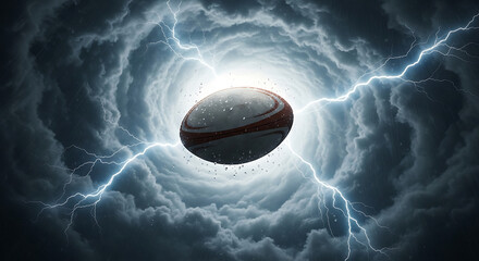 Rugby ball suspended in a stormy sky with lightning strikes image