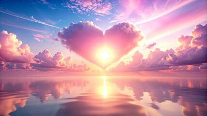 Romantic Sunset Sky with Heart-Shaped Clouds Reflected in Calm Water. - Powered by Adobe