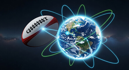 Rugby ball orbits glowing Earth with digital network connections globe planet