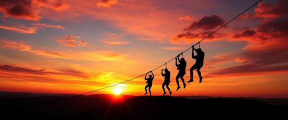Dark silhouettes of ziplines against a vibrant sunset, shapes, photography