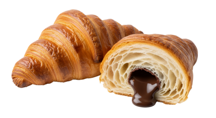 Delicious fresh French croissant with chocolate on a white background, perfect sweet breakfast pastry