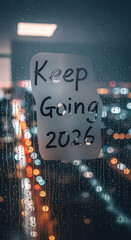 Keep Going 2026 written on a rainy window with city lights