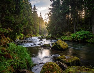 Obraz premium Lush forest scene with river flowing, sunlight breaking through the trees