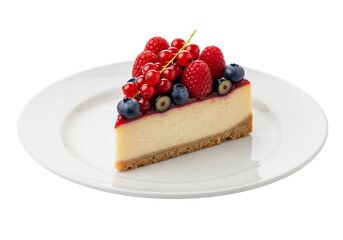 Slice of delicious cheesecake dessert with fresh red berries and cream on a plate