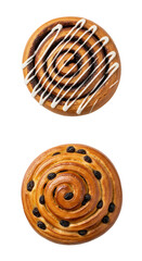 Round bun with raisins and with vanilla jam, white background isolated