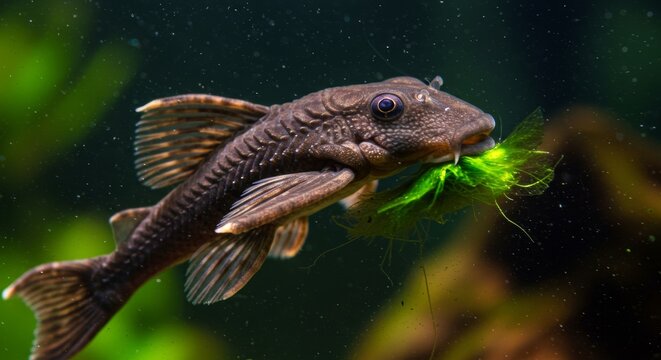 A captivating image of a pleco fish gracefully consuming vibrant green algae in its natural habitat