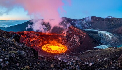 Fototapeta premium Dramatic volcanic crater with molten lava glowing brightly at dusk, stunning landscape, natural power and raw beauty, travel destination