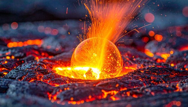 Fiery molten lava erupting with glowing sphere and sparks, dramatic energy and power, vibrant display of natural forces