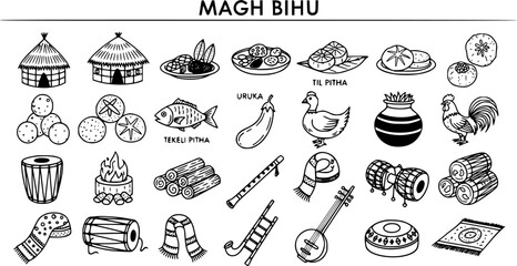 Magh Bihu festival elements black and white line art vector illustration. Traditional Assamese icons, food, music, and cultural symbols of the harvest celebration.