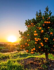 Scenic landscape with an orange tree filled with ripe fruit at sunset