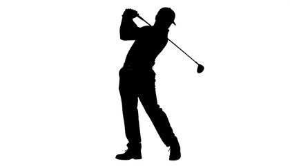 Silhouette of a golfer in mid-swing on a plain white background